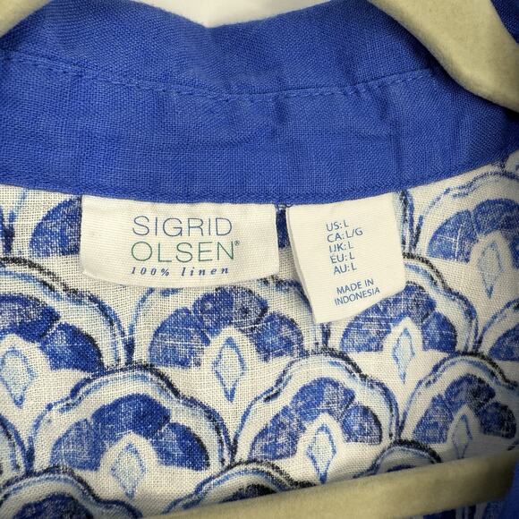 Sigrid Olsen Linen Tunic Size Large Blue Pattern V Neck 3/4 Sleeve Pullover - Picture 6 of 8